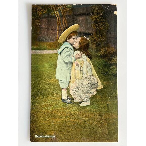 Antique Postcard 1900s Ephemera Boy Girl Reconciliation Litho Unposted Colorful - Picture 2 of 7
